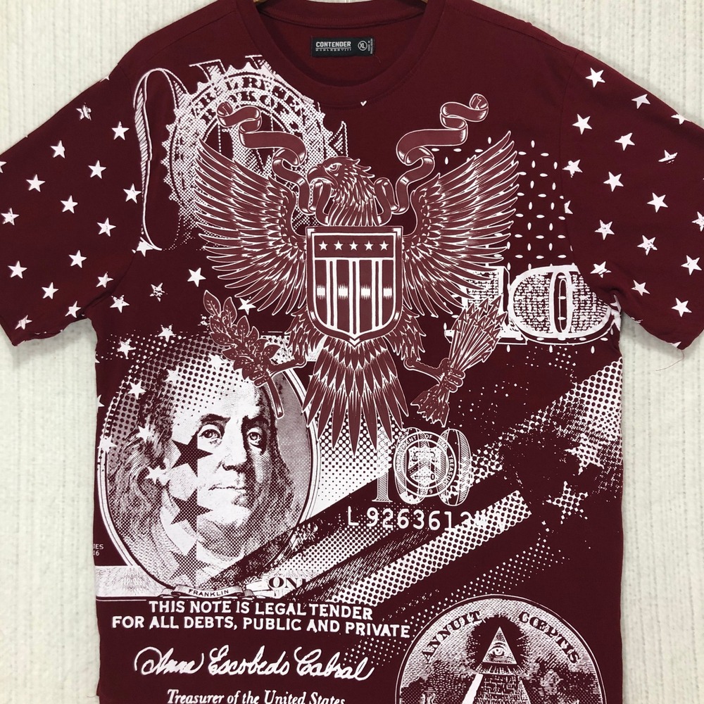 Contender XL Maroon Patriotic Print Eagle Money Stars T-Shirt